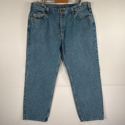 古着 カーハート Carhartt デニムパンツ 5ポケット ワンポイントロゴ 大きいサイズ ワーク テーパード w42 L30 ブルー メンズ