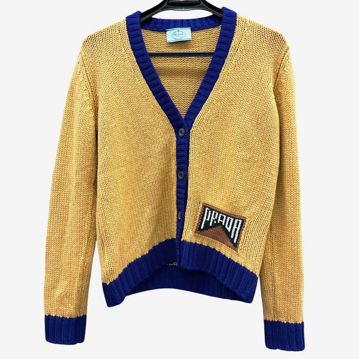 PRADA 極美品 プラダ ロゴ編み カーディガン ニット カシミヤ ポリエステル 長袖 2018年 P25G51 ブラウン ブルー ロゴ #40 レディース Aランク 中古 鑑定済 プラダニット