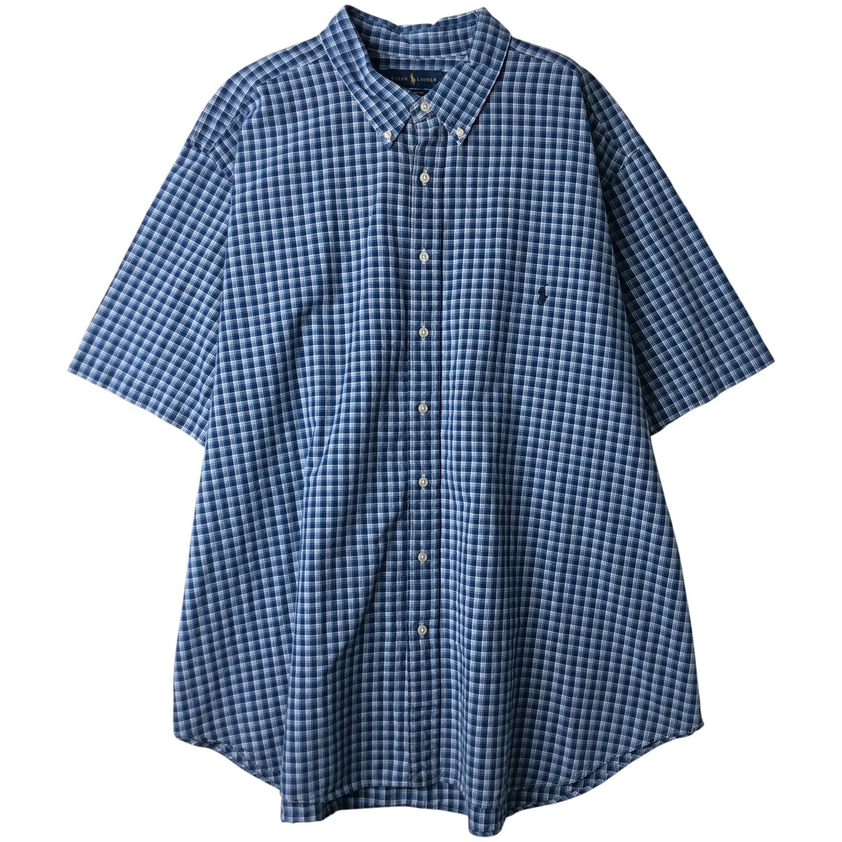 古着 ラルフローレン Ralph Lauren INDIGO OXFORD ビッグサイズ 半袖 ボタンダウン チェックシャツ メンズXXXL相当/eaa611041