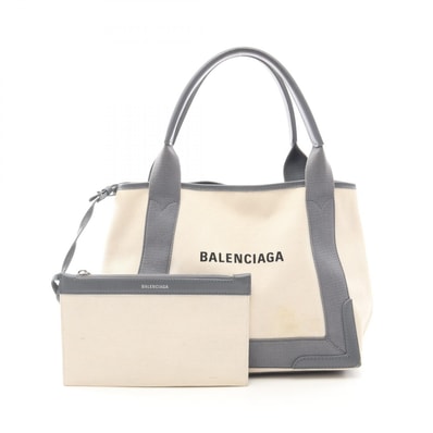 バレンシアガ BALENCIAGA NAVY CABAS S ネイビーカバ トートバッグ バッグ キャンバス レザー レディース ホワイト系 / グレー系 339933 【中古】