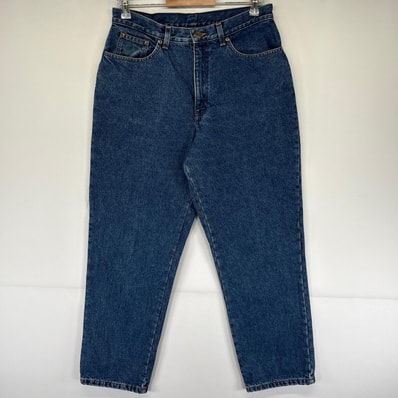 古着 エルエルビーン L.L.Bean デニムパンツ テーパード 5ポケット 裏地有 レザーパッチ ジーンズ ジーパン ブルー メンズ