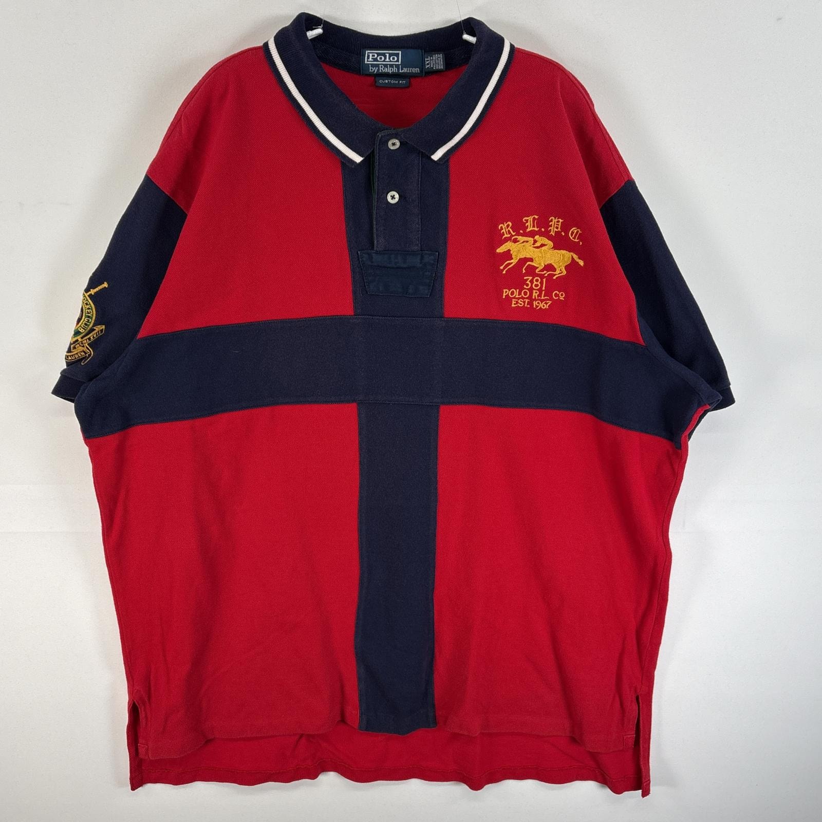 古着 90's/90年代 ポロバイラルフローレン Polo by Ralph Lauren 鹿の子 半袖 ポロシャツ エンブレム 背番号 ダブルビックポニー 14041  レッド系 ツートン メンズ