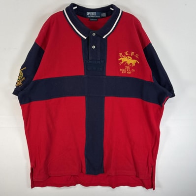 古着 90's/90年代 ポロバイラルフローレン Polo by Ralph Lauren 鹿の子 半袖 ポロシャツ エンブレム 背番号 ダブルビックポニー 14041 レッド系 ツートン メンズ