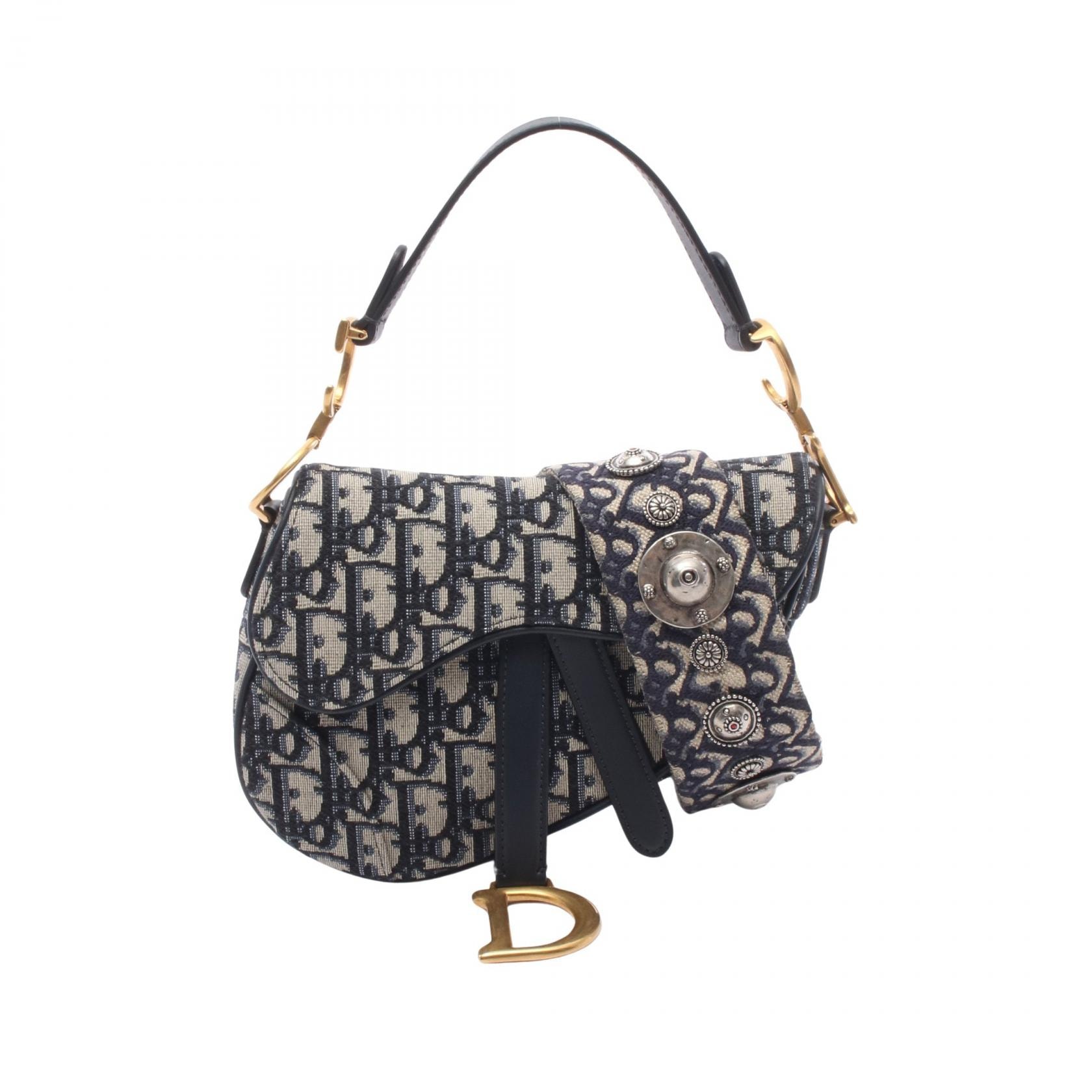 ディオール Dior サドルバッグ ミニ オブリーク 2WAY ハンドバッグ バッグ キャンバス レザー レディース ネイビー系 / ベージュ系 【中古】