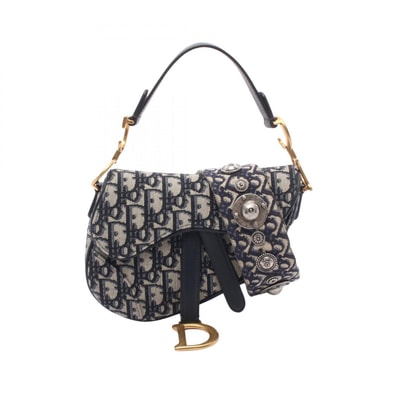 ディオール Dior サドルバッグ ミニ オブリーク 2WAY ハンドバッグ バッグ キャンバス レザー レディース ネイビー系 / ベージュ系 【中古】