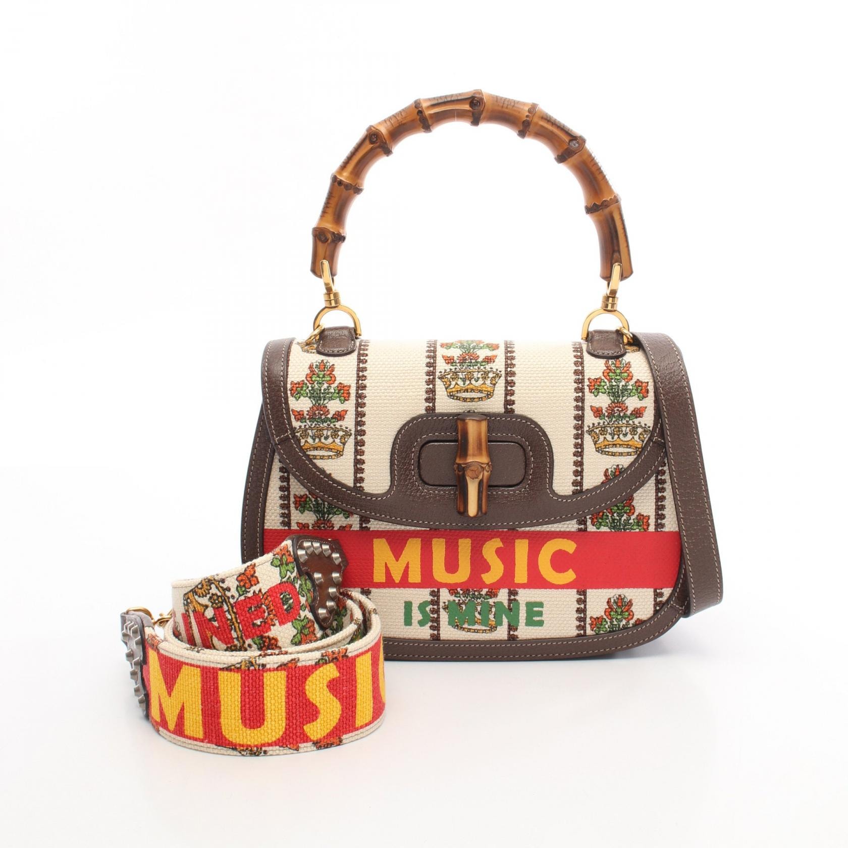 グッチ GUCCI MUSIC IS MINE バンブー ハンドバッグ バッグ キャンバス レザー レディース アイボリー系 / ブラウン系 / マルチカラー 681173 【中古】