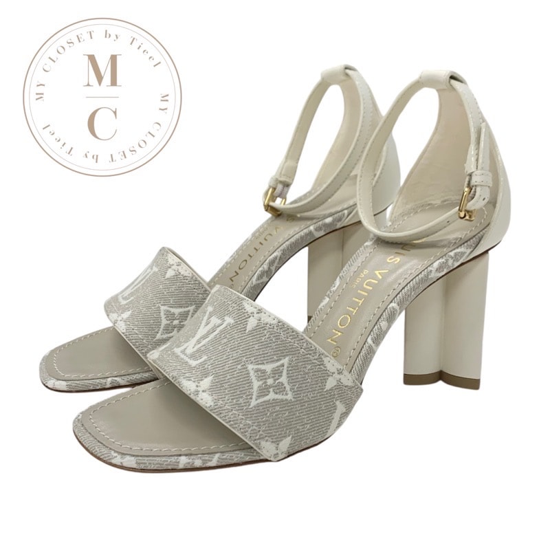 ルイヴィトン LOUIS VUITTON シルエットライン モノグラム サンダル 靴 シューズ ファブリック レザー ライトグレー ホワイト アンクルストラップ キャンバス