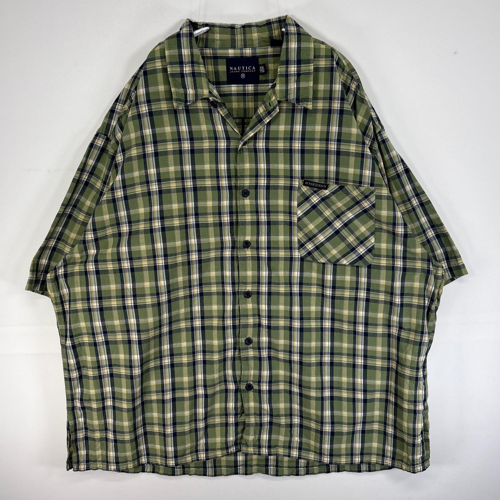 古着 ノーティカ NAUTICA 半袖シャツ チェック ワンポイント ロゴ スリット ボックスシルエット 14041 グリーン系 マルチカラー メンズ