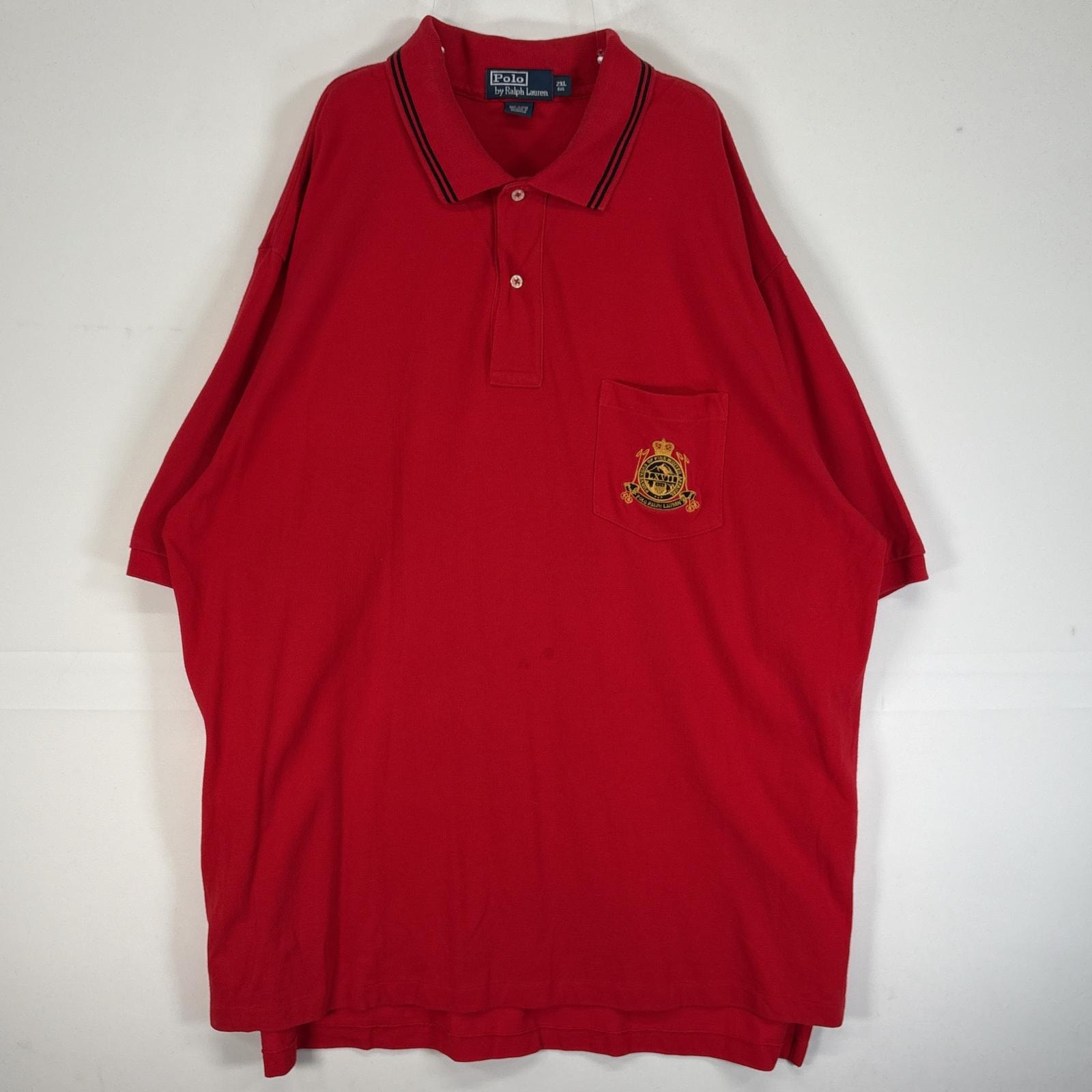 古着 90's/90年代 ポロバイラルフローレン Polo by Ralph Lauren 鹿の子 半袖 ポロシャツ 大きいサイズ 2ボタン エンブレム ロゴ 2XL BIG  レッド 無地 メンズ