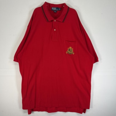 古着 90's/90年代 ポロバイラルフローレン Polo by Ralph Lauren 鹿の子 半袖 ポロシャツ 大きいサイズ 2ボタン エンブレム ロゴ 2XL BIG レッド 無地 メンズ