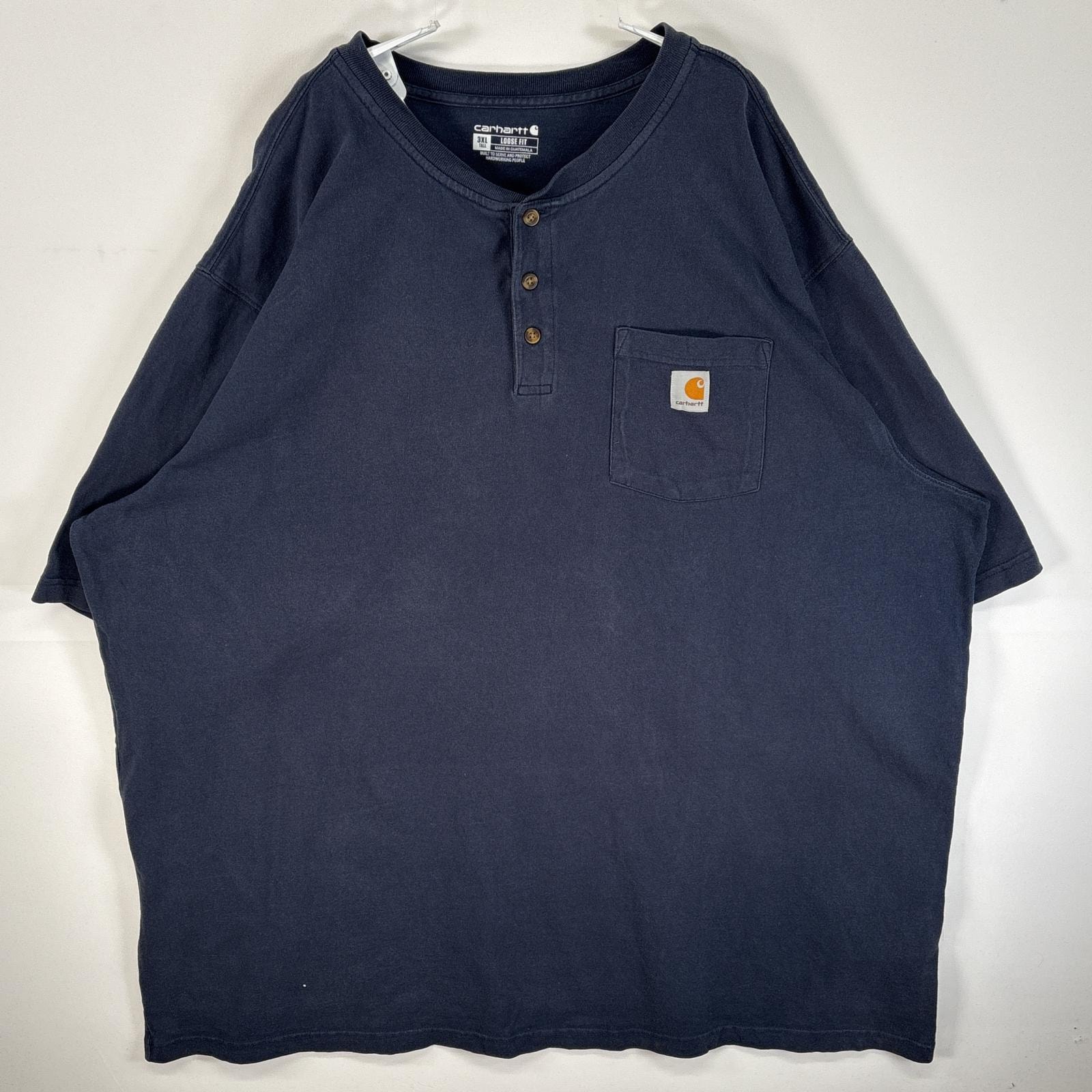 古着 カーハート Carhartt 半袖Tシャツ ワンポイント ロゴ ヘンリーネック 大きいサイズ 肉厚 3XL TALL  ネイビー 無地 メンズ