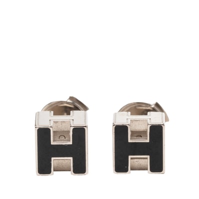 エルメス カージュドアッシュ Hキューブ スタッドピアス ブラック シルバー メタル レディース HERMES 【中古】