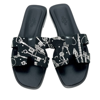 エルメス HERMES オラン フラット パレル 靴 シューズ サンダル レザー/ウッド サンダル キャンバス ブラック 未使用