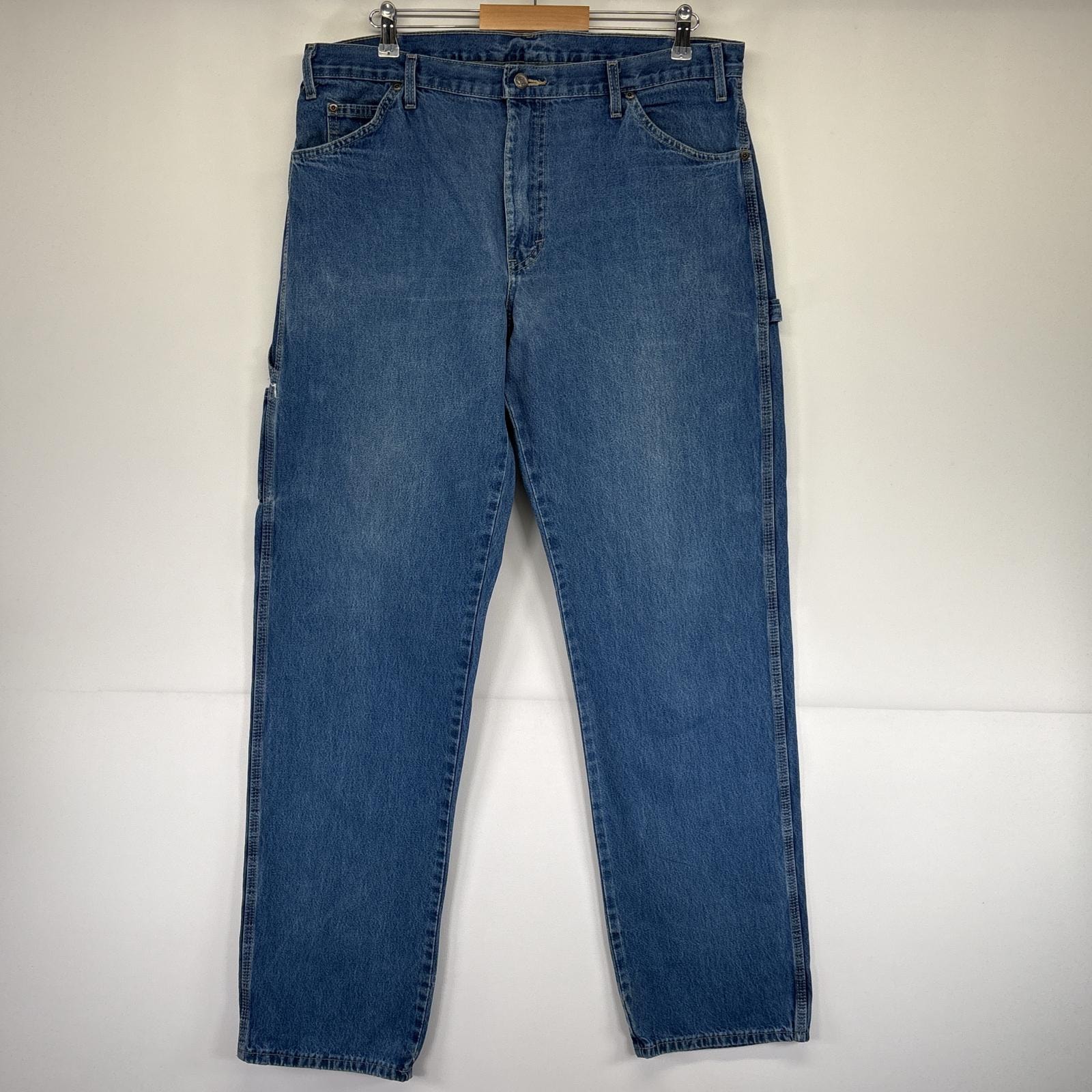 古着 ディッキーズ Dickies デニムパンツ ペインターパンツ ワーク ジップフライ ワンポイントロゴ 大きいサイズ ブルー メンズ