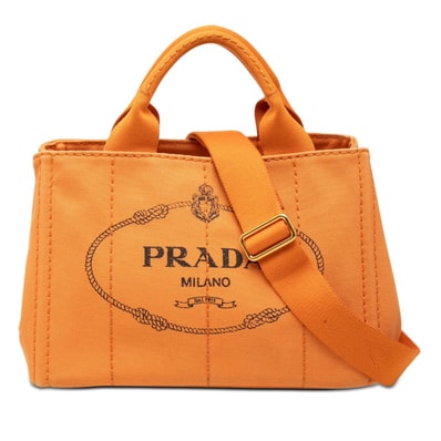 プラダ 三角ロゴプレート カナパ ミニ ハンドバッグ ショルダーバッグ 2WAY オレンジ キャンバス レディース PRADA 【中古】