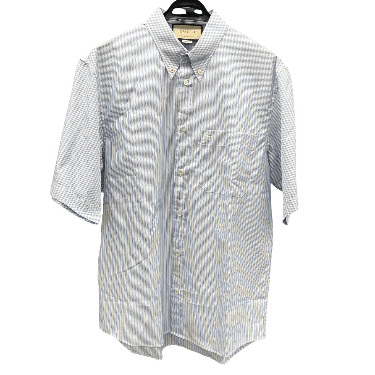 GUCCI 希少 極美品 グッチ RESORT EXCLUSIVE ストライプ コットンシルク シャツ #44 739674 ストライプ ボタンダウン 半袖シャツ コットン シルク GG 刺繍 異素材切替 ブルー オレンジ Aランク 中古 鑑定済 グッチシャツ