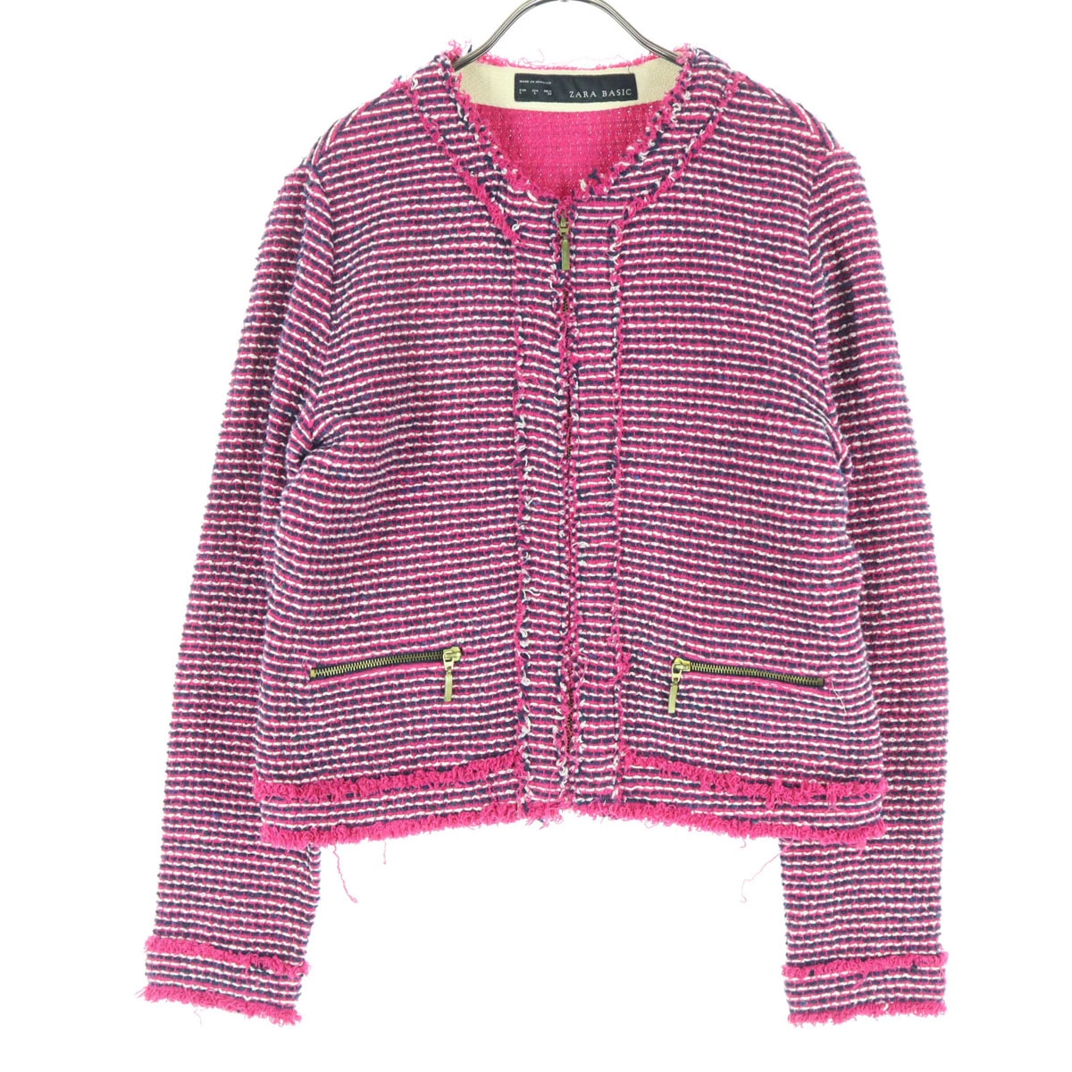 ZARA BASIC ザラベーシック ウール混 長袖 ノーカラージャケット L ピンク系