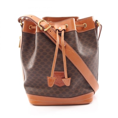 セリーヌ CELINE マカダム 巾着 ショルダーバッグ バッグ PVCコーティングキャンバス レザー レディース ブラウン系 【中古】