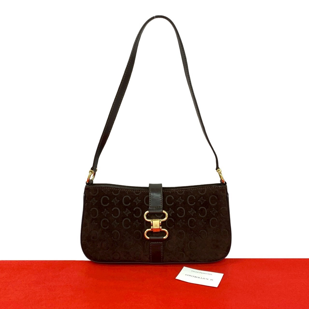 CELINE セリーヌ C マカダム ロゴ 刻印 金具 スウェード ショルダーバッグ ブラウン
 48216