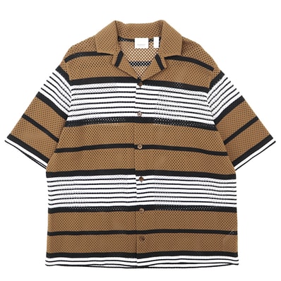 SALE【新品同様】BURBERRY バーバリー 半袖シャツ サイズ M メンズ ナイロン100% ストレッチ メッシュ ボーダー オープンカラー ハーフスリーブ トップス ブラウン 茶色 イタリア製