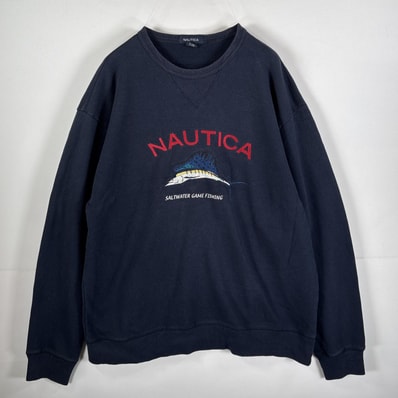 古着 ノーティカ NAUTICA スウェット 刺繍プリント カジキ エルボーパッチ 前Vガゼット XL ネイビー メンズ