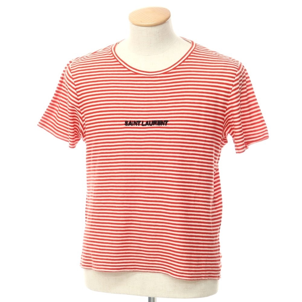 【中古】サンローランパリ SAINT LAURENT PARIS ハイゲージコットン 半袖ニットTシャツ レッドxオフホワイト【サイズXS】【メンズ】