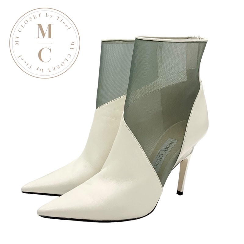 ジミーチュウ JIMMY CHOO SIOUX100 ブーツ ショートブーツ 靴 シューズ レザー メッシュ オフホワイト クリアヒール