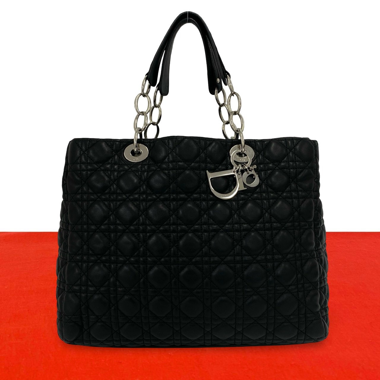 Christian Dior ディオール カナージュ ロゴ チャーム レザー トートバッグ ブラック
45188