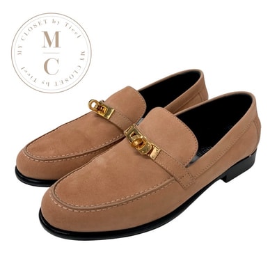 エルメス HERMES デスタン ローファー 革靴 靴 シューズ スエード ピンク系 ゴールド ケリー金具 モカシン フラットシューズ