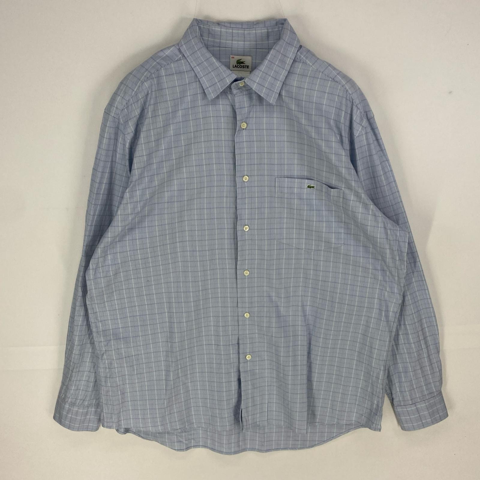 古着 ラコステ LACOSTE 長袖シャツ ワンポイント ロングスリーブ ロゴワッペン 胸ポケット 44 ブルー系 チェック メンズ