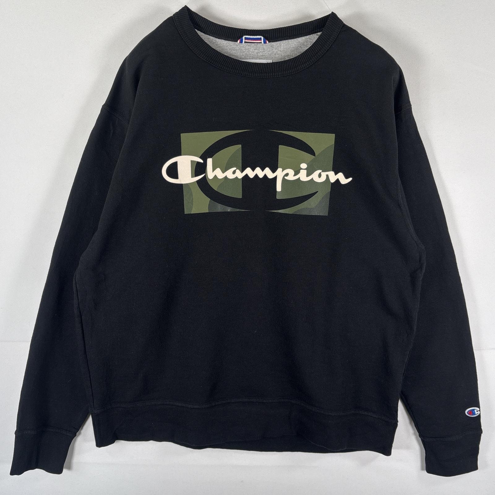 古着 チャンピオン Champion スウェット トレーナー 大きいサイズ ビッグロゴプリント クルーネック プルオーバー  XL  ブラック メンズ