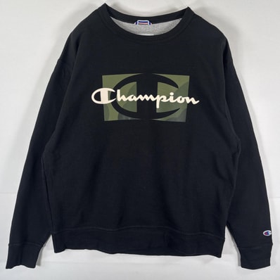 古着 チャンピオン Champion スウェット トレーナー 大きいサイズ ビッグロゴプリント クルーネック プルオーバー XL ブラック メンズ