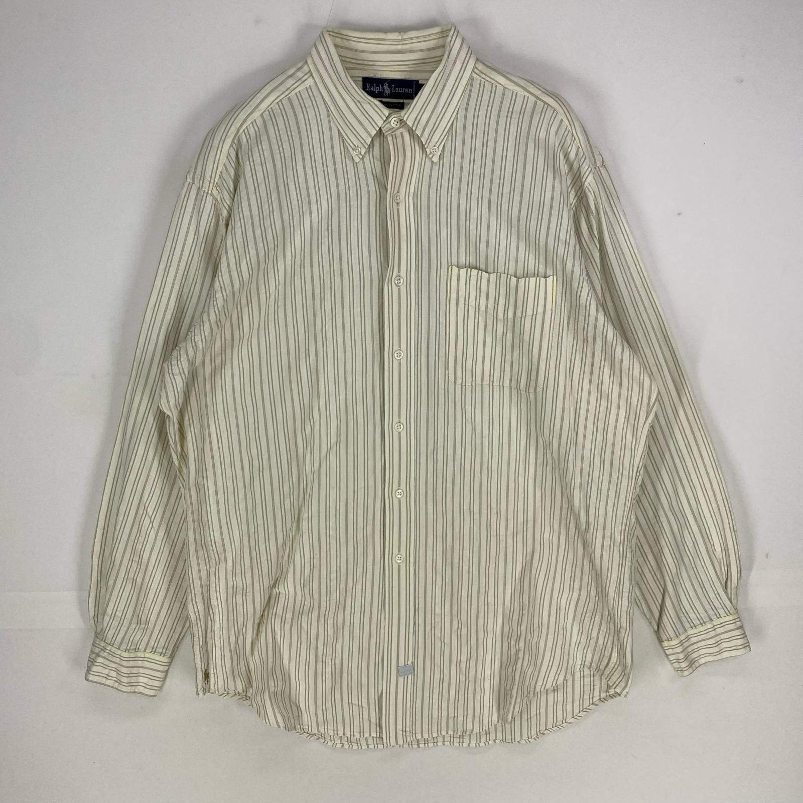 古着 ラルフローレン RALPH LAUREN 長袖シャツ 胸ポケット ボタンダウン ロングスリーブ L  ホワイト系 ストライプ メンズ