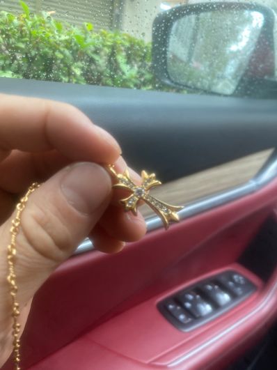 Chrome Hearts 22K Tiny Fat Cross Pave Diamond Pendant Necklace Top "Yellow Gold"