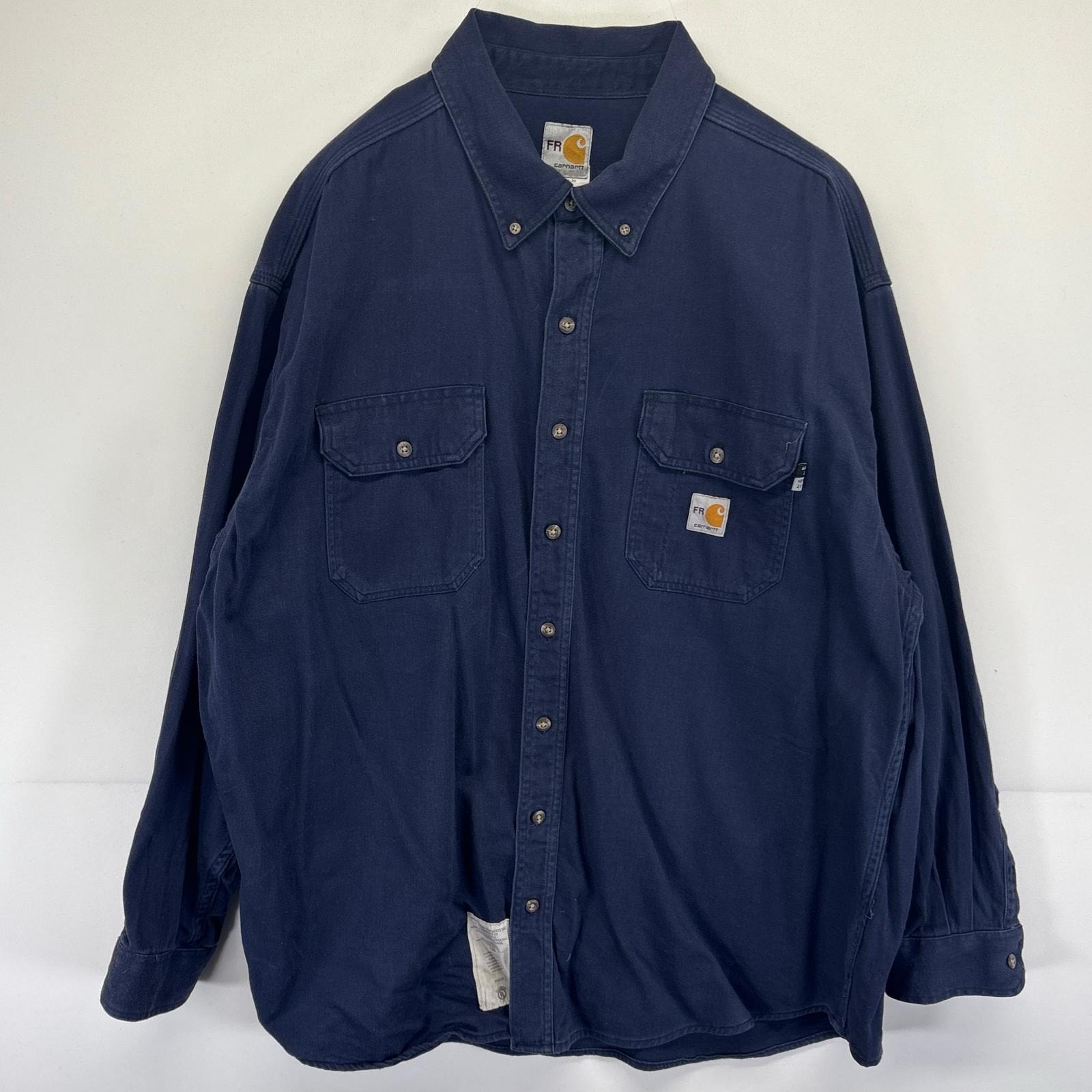 古着 カーハート Carhartt 長袖シャツ ボタンダウン ワンポイントロゴ 胸ポケット ワーク 2XL  ネイビー メンズ