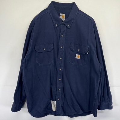 古着 カーハート Carhartt 長袖シャツ ボタンダウン ワンポイントロゴ 胸ポケット ワーク 2XL ネイビー メンズ