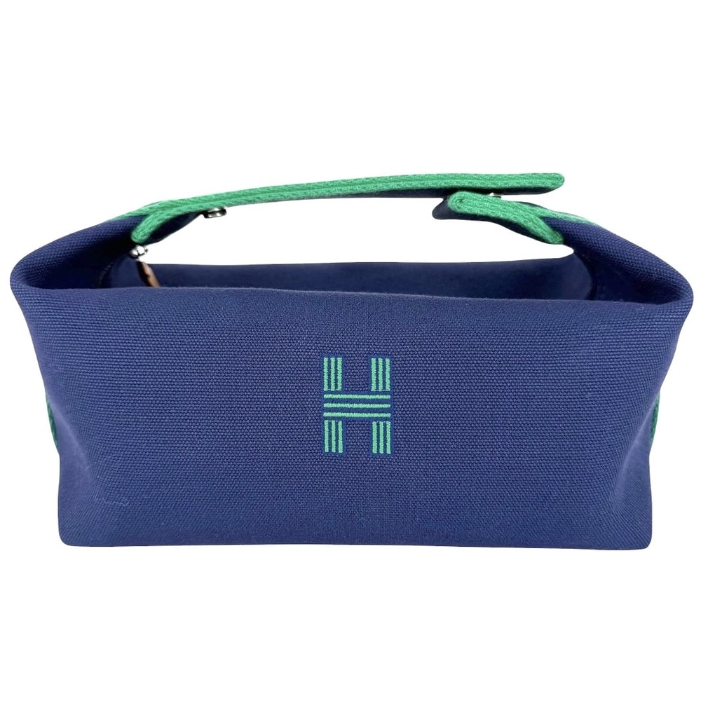 HERMES エルメス ハンドバッグ ブリッドアブラックPM ポーチ コットン    ネイビー 紺 グリーン 緑 シルバー金具 レディース 美品【中古品】