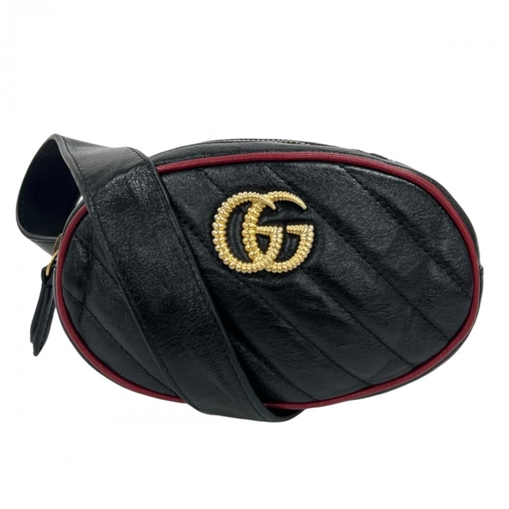 GUCCI グッチ ボディバッグ GGマーモント キルティング ウエストバッグ 476434 レザー ブラック 黒 レッド 赤 ゴールド金具 レディース【中古品】