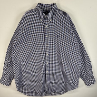 古着 90's/90年代 ラルフローレン RALPH LAUREN 長袖シャツ チェック ロゴ 刺繍 ボタンダウンシャツ XL ブルー系 マルチカラー メンズ