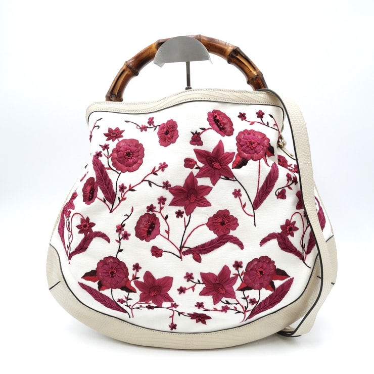GUCCI(グッチ)フローラ ペギー バンブー ヴィンテージ 2WAY ショルダーバッグ ハンドバッグ フラワー刺繍 ホワイト ピンク キャンバス レザー レディース 177C92【中古】