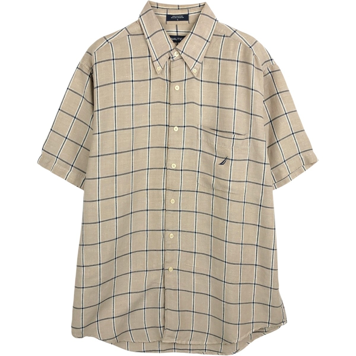 古着 00年代~ ノーティカ NAUTICA チェック柄 半袖 レーヨン×リネン ボタンダウンシャツ メンズL相当/eaa670037