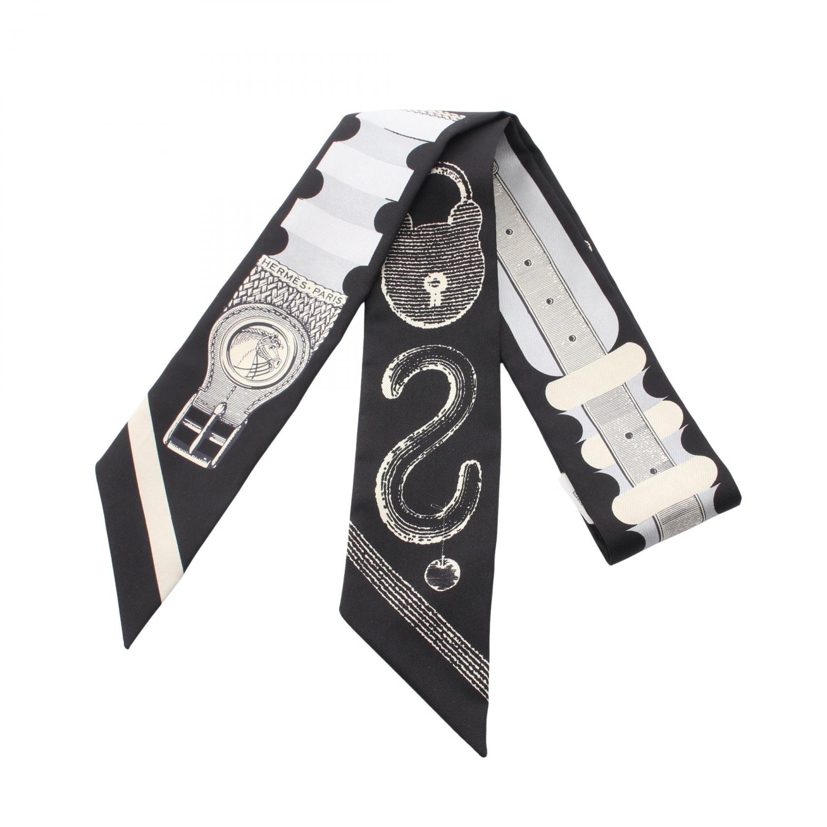 エルメス HERMES ツイリー Inventaire Poetique de Brides a Bloc リボン スカーフ 衣料品 シルク シルク レディース ブラック系 / グレー系 / アイボリー系 【中古】