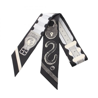 エルメス HERMES ツイリー Inventaire Poetique de Brides a Bloc リボン スカーフ 衣料品 シルク シルク レディース ブラック系 / グレー系 / アイボリー系 【中古】