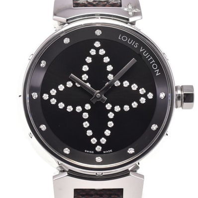 値下 ルイ・ヴィトン LOUIS VUITTON Q13MJZ タンブール ダイヤモンド ブラック クォーツ レディース 美品 腕時計 H#147687