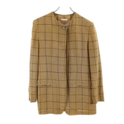 Emporio Armani エンポリオアルマーニ イタリア製 リネンブレンド チェック ノーカラージャケット 42 ブラウン系