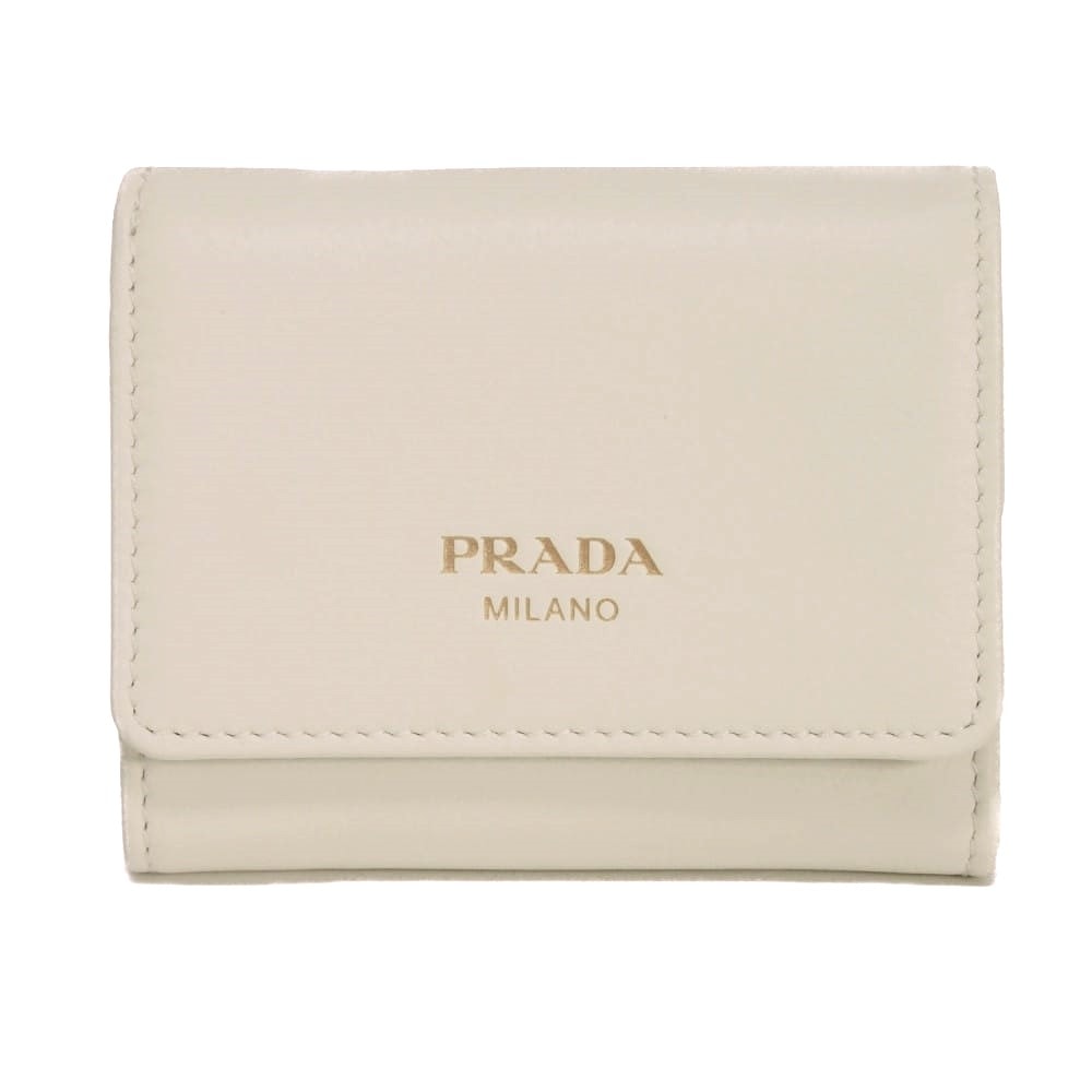 PRADA プラダ ソフト グレイン コンパクト ウォレット シボ カーフ ホワイト トリフォールド スナップボタン 札入れ カードケース コインケース RFID ICチップ 未使用 ロゴ ビアンコ 三つ折り財布 1MH043 2CYS F0009