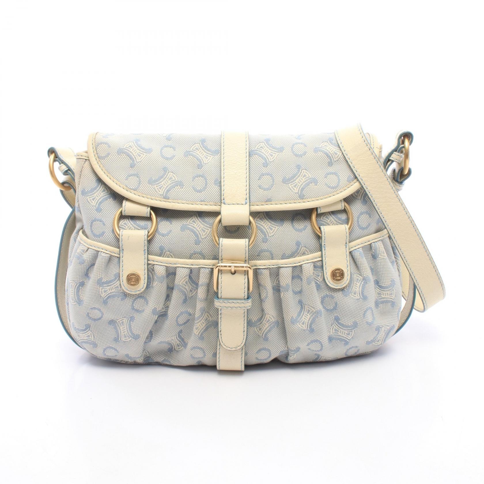 セリーヌ CELINE マカダム ショルダーバッグ バッグ キャンバス レザー レディース ホワイト系 / ブルー系 【中古】