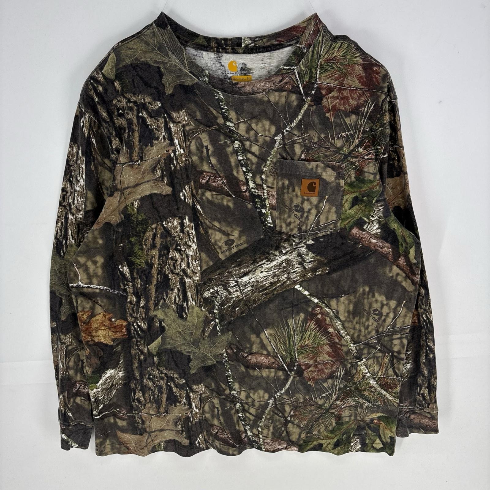 古着 カーハート Carhartt 長袖Tシャツ 袖ロゴ 胸ポケット ワンポイント 2XL ブラウン系 カモフラージュ(迷彩) メンズ