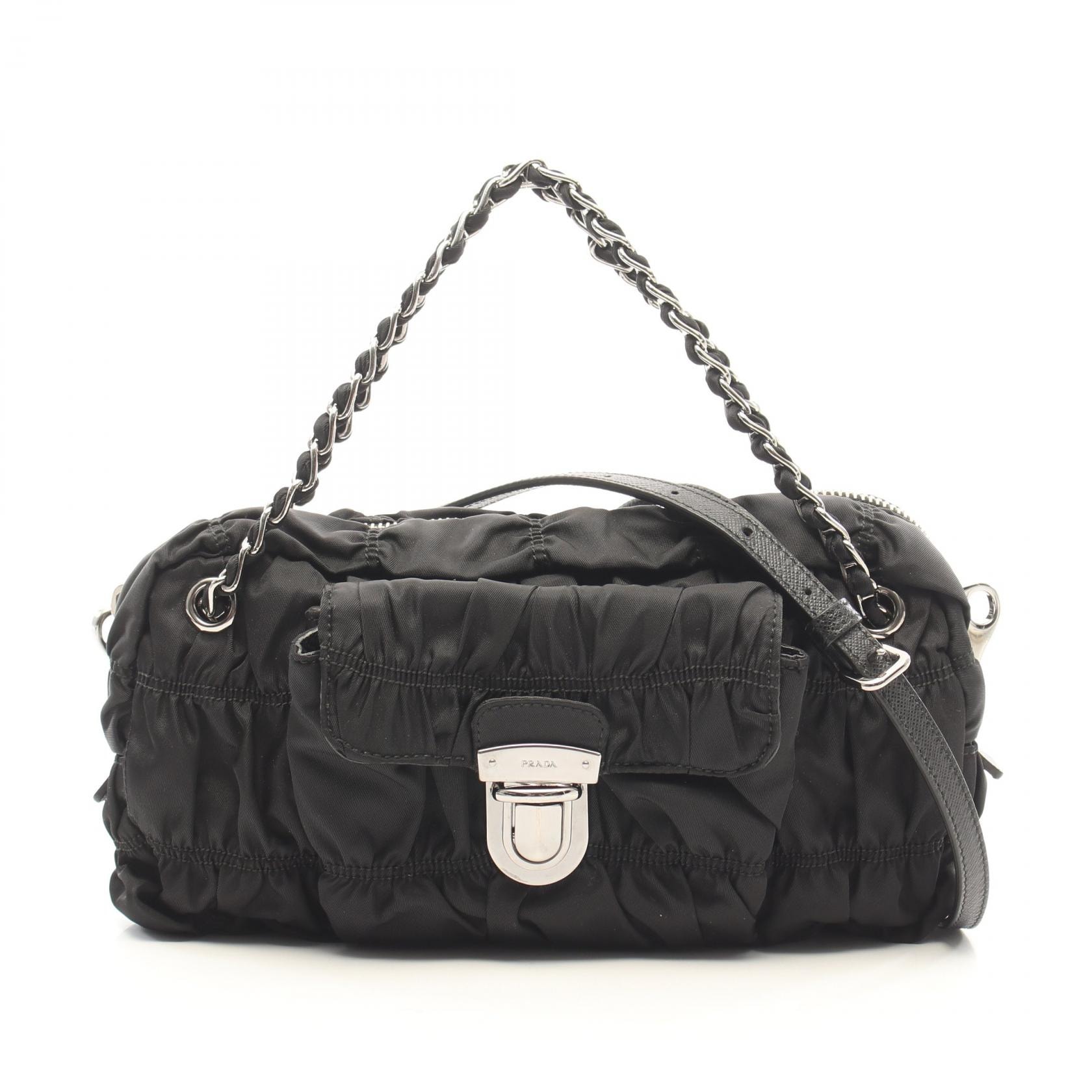 プラダ PRADA TESSUTO GAUFRE' ギャザー 2WAY ハンドバッグ バッグ ナイロン サフィアーノレザー レディース ブラック系 BN2017 【中古】