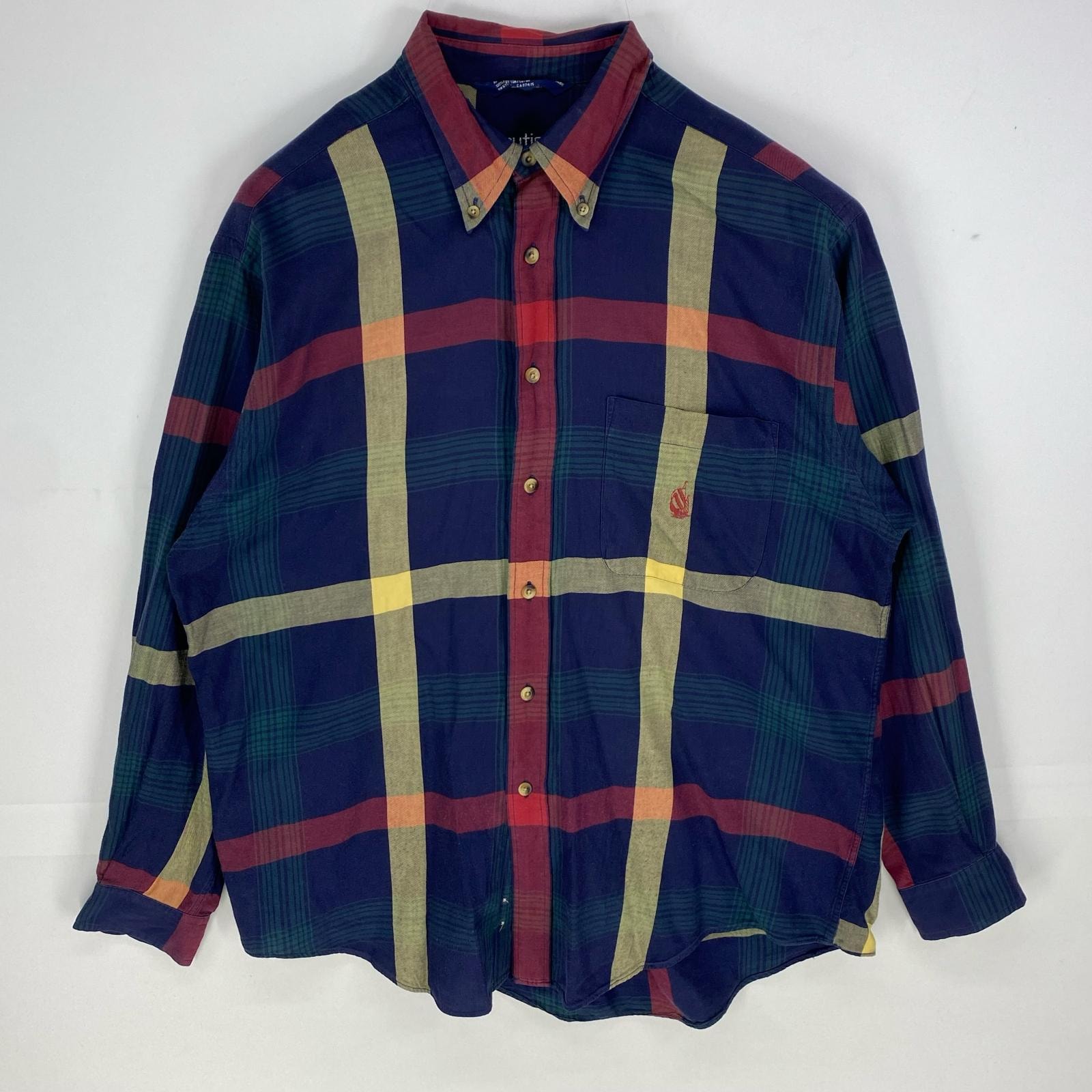 古着 90's/90年代 ノーティカ NAUTICA 長袖シャツ 胸ポケット ワンポイント 刺繍ロゴ マルチカラー L ネイビー系 チェック メンズ